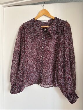 Mango Burgundy Floral Button-Up Blouse